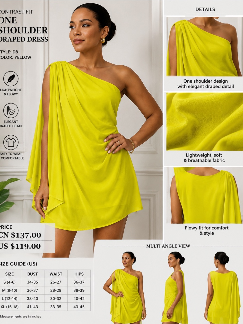 One-Shoulder Yellow Draped Women’s Dress